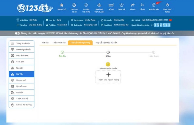 Giao diện rút tiền 123B